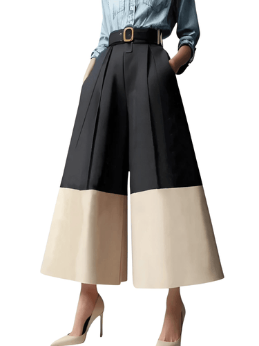 Urban Women's Stylish Contrast Color Wide-Leg Pants 2025 New Trendy Elastic High Waisted Casual Trousers No Belt, Drestiny, Black, Beige, S, M, L, XL, XXL, 2XL, Dress Pants, United States, USA, Canada, Australia, New Zealand, United Kingdom, UK, contrast color wide leg pants, women's contrast wide leg trousers, high waisted contrast color pants, striped wide leg pants contrast, color block wide leg pants, shopdrestiny.com